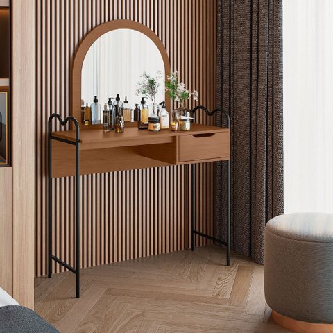 Penteadeira Clássica Minimalista Aço e Mdf C/ Gaveta Espelho Nature