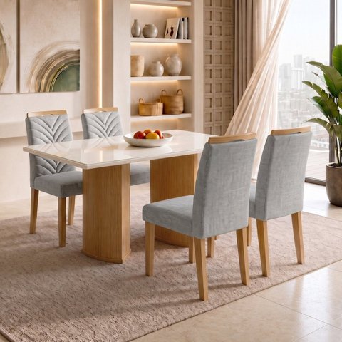Conjunto Sala de Jantar 4 Lugares Retangular Tampo Vidro MDF 120x80cm Mesa Isla e Cadeiras Carol