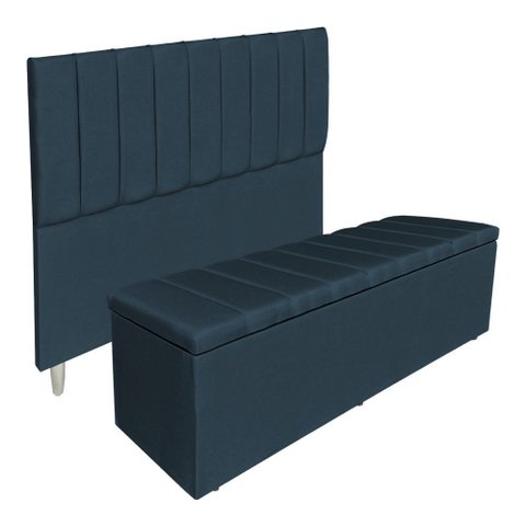 Kit Cabeceira e Calçadeira Baú Casal Queen 1,60m Londres Suede Azul Marinho Dal Poz Estofados