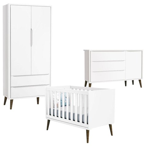 Quarto de Bebê Theo 2 Portas com Cômoda com Porta Branco Acetinado com Pés Amadeirado - Reller