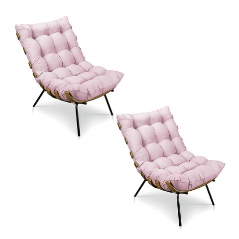 Kit 2 Poltronas Costela Suede Base Metálica - Pallazio - Rosa Bebê
