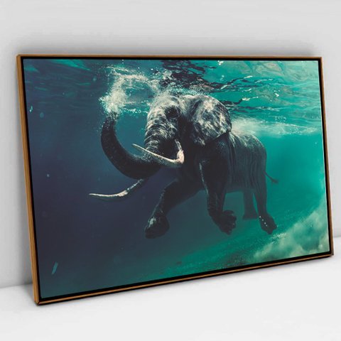 Quadro Decorativo em Canvas Elefante Sobre as Águas TaColado Moldura Flutuante 4,5cm Freijó 120 x 80