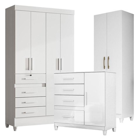 Guarda Roupa Infantil Sobral com Cômoda Vênus com Pés e Armário Multiuso New Íris Branco Brilho – Mo