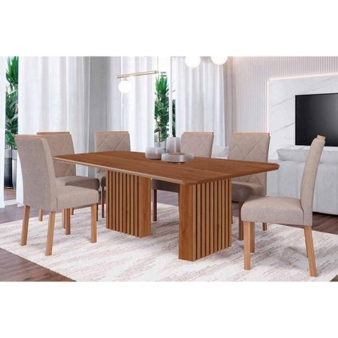 Conjunto: Mesa de Cozinha Ester Tampo Madeirado 180x90cm e 6 Cadeiras Fernanda Cinamomo - Carvalho/