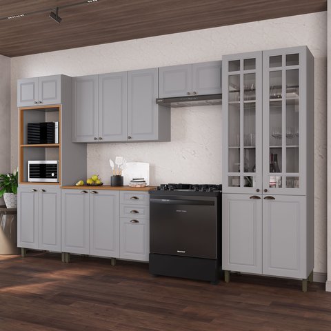 Cozinha Modulada 5 Peças Torre Quente Cristaleira com Vidro Balcão com Tampo e 2 Aéreos 100% MDF Bari Cinza/Titanio Fosco