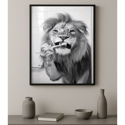 Quadro Banheiro Leão Escovando Dentes 33x24cm - com Vidro:moldura Preta