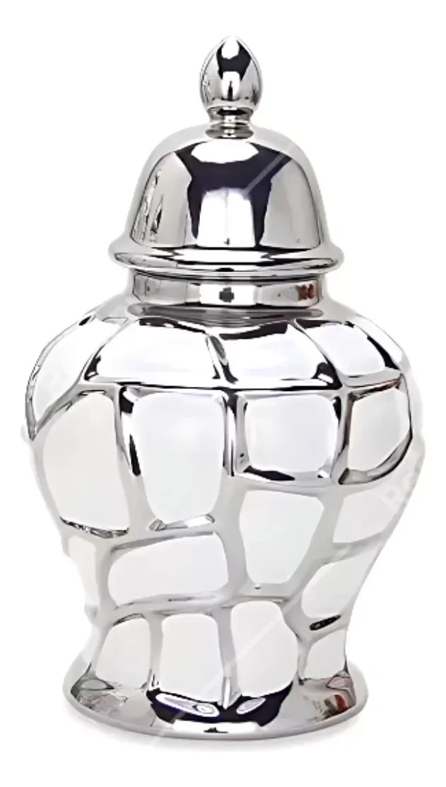 Vaso Decorativo Sala Branco Detalhes Prata Porcelana 32x17 - 1