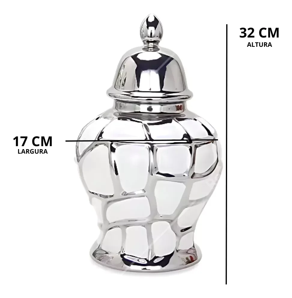 Vaso Decorativo Sala Branco Detalhes Prata Porcelana 32x17 - 6