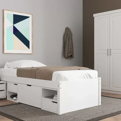 Cama Solteiro com 3 Gavetas e 1 Mesa de Cabeceira Charme Branco/Lavado