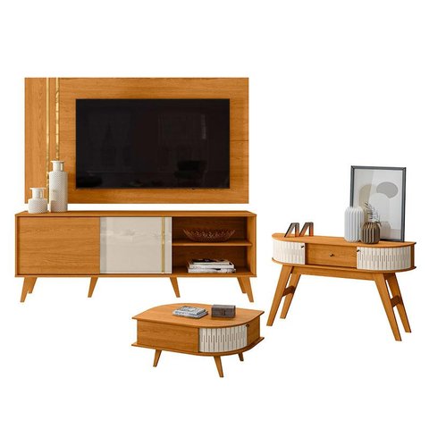Rack Bancada e Painel para Tv Cronos com Aparador Estoril e Mesa de Centro Indianápolis Cinamomo Off