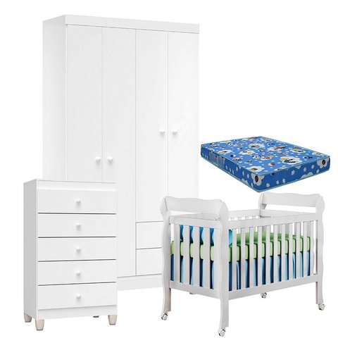 Quarto de Bebê 4 Portas com Gaveteiro Ternura Baby e Berço Lila Branco Brilho com Colchão - Incorpla