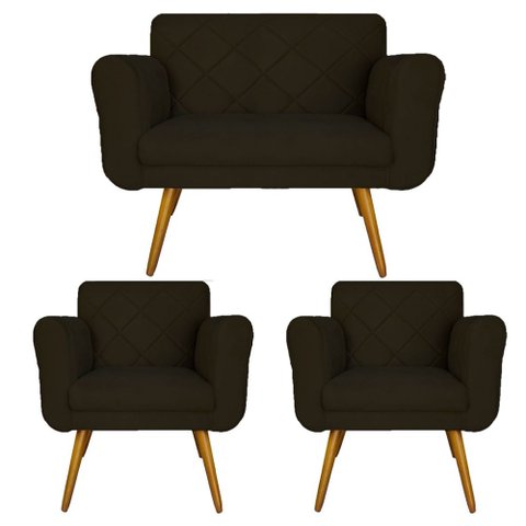 Jogo Namoradeira e 2 Poltrona Decorativa Para Recepção Isabella Corano Marrom - LM DECOR