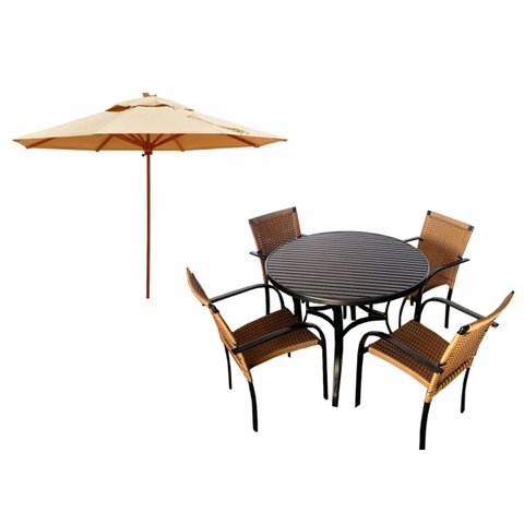 Kit 4 Cadeiras e Mesa com Tampo Ripado em Alumínio e Ombrelone para Piscina, Jardim, Edícula, Á - Az