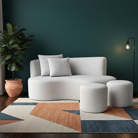 Conjunto Sofá Curvo Orgânico + 2puffs Nature Gaia Boucle Cinza Claro - Montanaris Decor