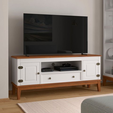 Rack para TV 65 Polegadas Madeira Maciça 2 Portas 1 Gaveta Rústico 149cm Branco - Apaixone & Decore