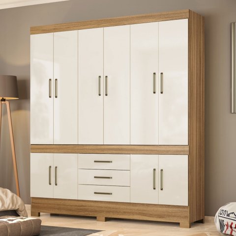 Guarda-roupa Casal New Murano 10 Portas 3 Gavetas Amêndola/off-white - Demóbile