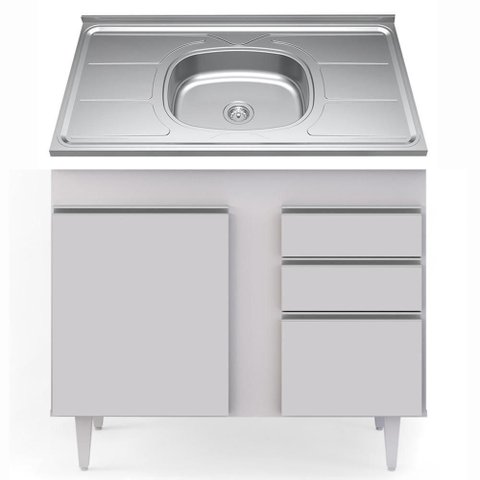 Balcão Gabinete com Pia Inox 100cm 2 Portas 2 Gavetas Luziania Branco - Lumil