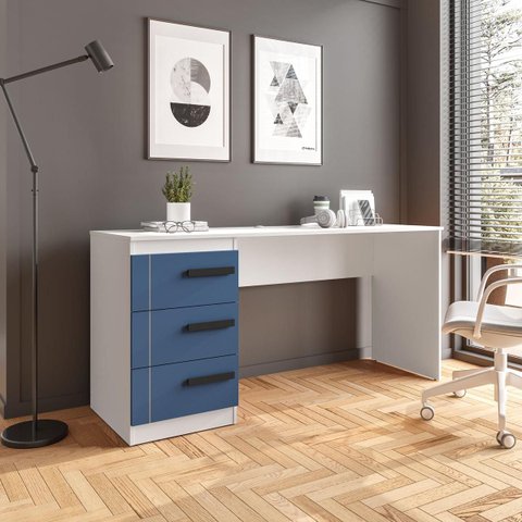 Mesa Escrivaninha Lisboa Escritório 3 Gavetas 163x77cm Azul/Branco 250689