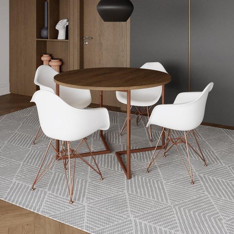 Mesa Industrial Jantar Amêndoa 110Cm Redonda Base V Com 4 Poltronas Brancas Base Cobre Amendoa