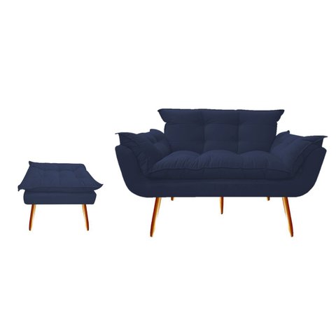 Kit Namoradeira +1 Puff Puf Decorativo Opala Suede Azul Marinho Pés Madeira Mz Decor
