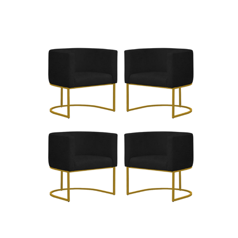 Kit 4 Poltronas Reforçada Decorativa Sala Estar Jantar Gabriela Base Ferro Dourado Suede Preto