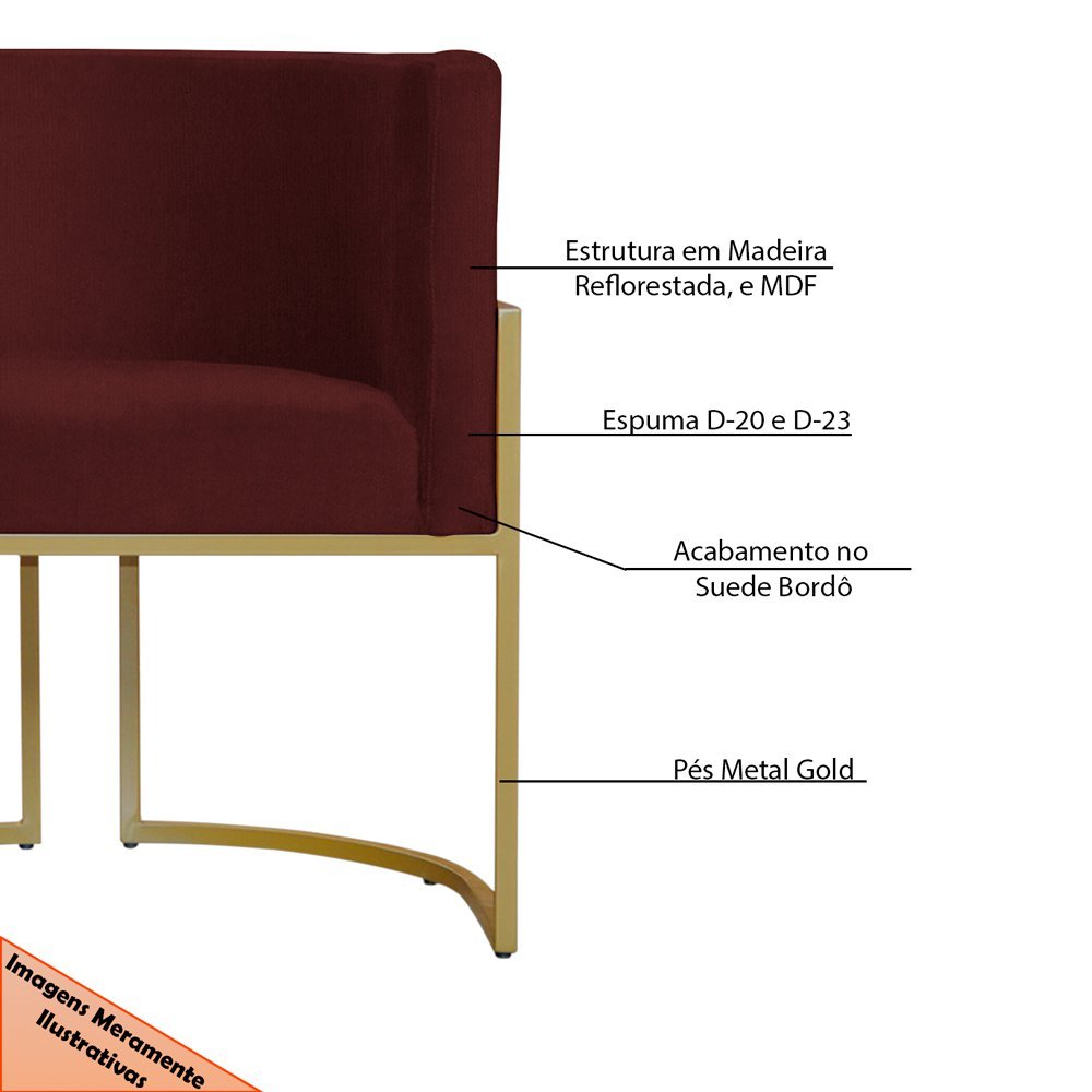 Kit 6 Poltronas Decorativa Sala de Estar Luana Base Gold Suede Bordô - Montanaris Decor Md Montanari - 6