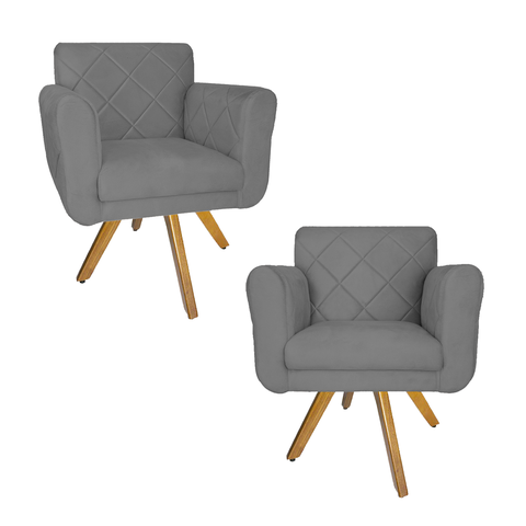 Conjunto 2 Poltrona Decorativa Com Base Giratória De Madeira Isabella Suede Cinza - LM DECOR