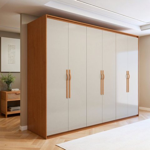 Guarda-Roupa Casal 6 Portas 6 Gavetas MDF 270cm Suavitá Bege Amêndoa Clean/Off White