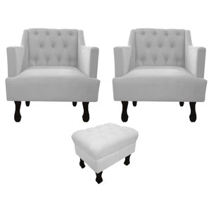 Kit 2 Poltronas Decorativa Julia + Puff Luis Xv Couro Branco Pés Madeira Mz Decor