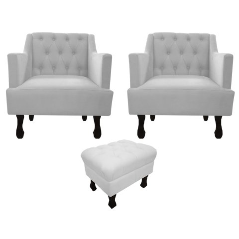 Kit 2 Poltronas Decorativa Julia + Puff Luis Xv Couro Branco Pés Madeira Mz Decor