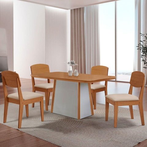 Mesa de Jantar Diane 120cm Tampo MDF Lam 4 Cadeiras Copper Moderna Veludo Creme Naturale Off White