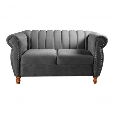 Sofá Realeza 2 Lugares 146cm Cinza Veludo Fixo Liso Bella Decor