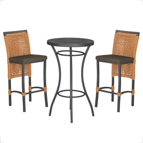 Mesa Bistrô e 2 Banquetas Roma Preta Corda Náutica Estofado 9 Trama Original