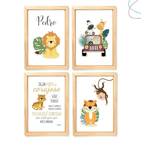 4 Quadros Decorativos Infantil Safari Baby com Moldura: Pinus