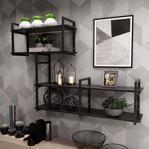 Nicho Suspenso Decorativo com Prateleira Organizador Moderno com Suporte Preto e Mdf Preto