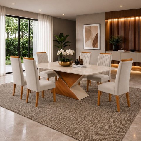 Conjunto Sala de Jantar 6 Lugares Retangular Tampo de Vidro/MDF Eleganza