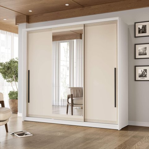 Guarda Roupa Casal 220cm 3 Portas de Correr com Espelho 240854 Valência Politorno Móveis