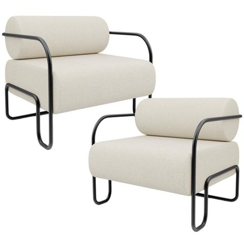 Kit 02 Poltronas Decorativa Pés Industrial Moscou K01 Linho Champagne - Lyam Decor