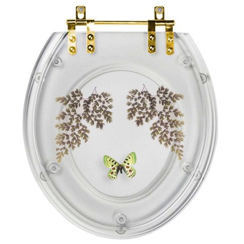 Assento Sanitário Decorado Oval Convencional Transparente com Borboleta Verde para Todas As Marcas