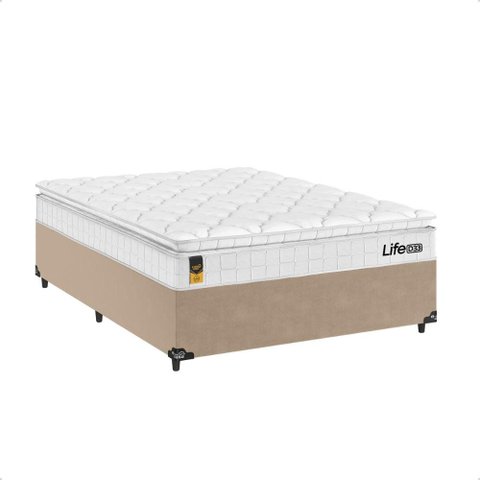 Cama Box Bege Viúva + Colchão Life D33 Pillow Top Branco - 61x128x188cm - e-Shop Casa