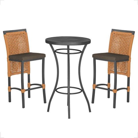 Mesa Bistrô e 2 Banquetas Roma Preta Corda Estofado 9 Trama Terra Cota