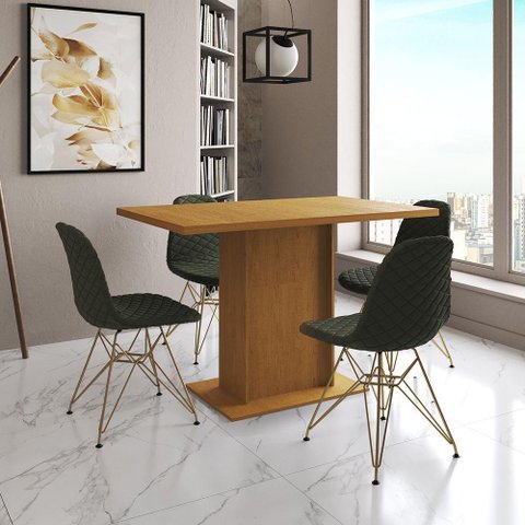 Mesa Jantar Londres Tampo Canela 120cm 4 Cadeiras Base Dourado Estofado Nude Médio