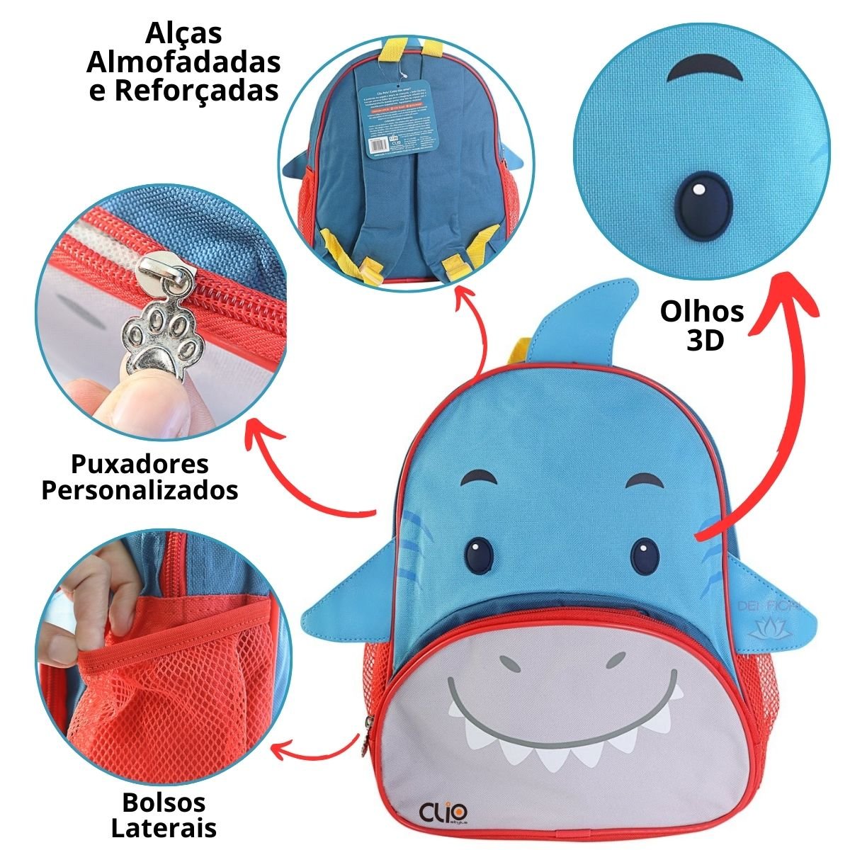 Mochila Infantil Escolar Clio Pet's com Alça Animais Cachorro Gato Pato Pinguim Tubarão Unicórnio Mo - 2