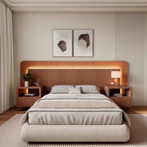 Casal Queen com 2 Mesas de Cabeceira Led 3000k e Tomadas 100% Mdf Mabel Marrom Castanho