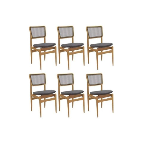 Cadeiras Cozinha Stela 1cmm013ca Premium Madeira Maciça Kit 6 Un Carvalho/boucle Bege Fendi/tela
