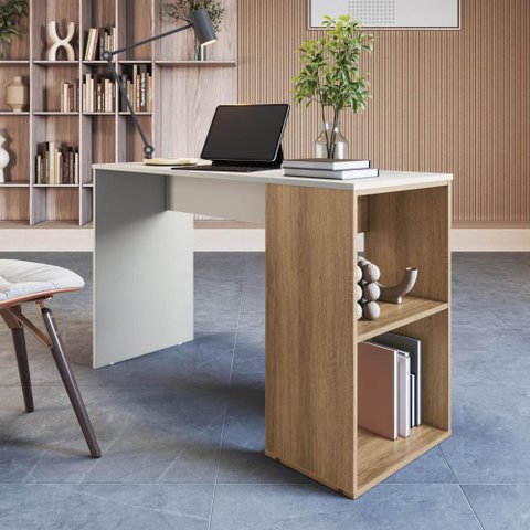 Mesa Escrivaninha 120cm Base com 2 Nichos Laterais Abertos Cor:arenas com Mel