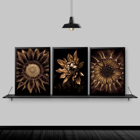 Kit 3 Quadros Flores Girassóis Bronze 33x24cm:Madeira preta