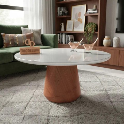 Mesa de Centro Base Cone Redonda Vidro MDF 70cm Off White Decoraper