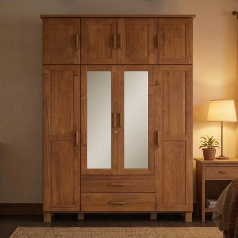 Guarda Roupa Casal com Espelho 8 Portas 2 Gavetas Madeira Maciça Selena F06 Castanho - Lyam Decor