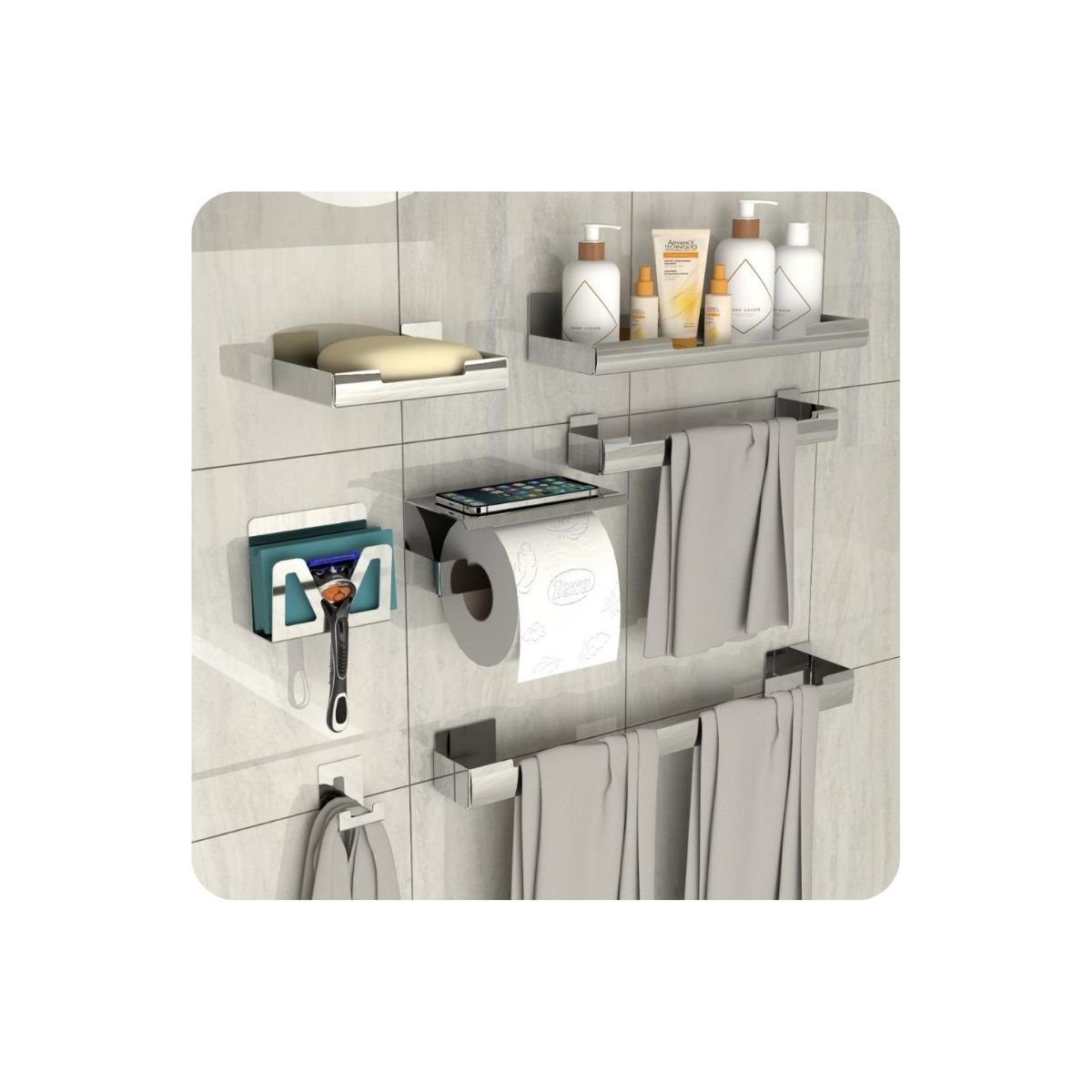 Kit de Acessórios para Banheiro Inox com Adesivo 7 Pcs F.elg - 1